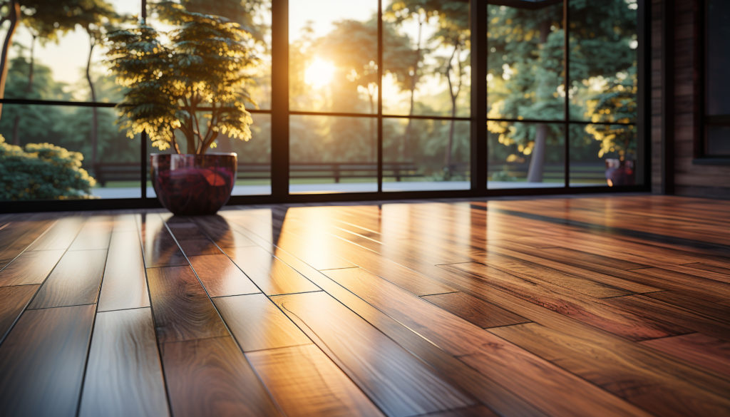 apartamento moderno con piso de madera dura la luz del sol se refleja en la ventana de vidrio generada por inteligencia artificial 1 1 scaled